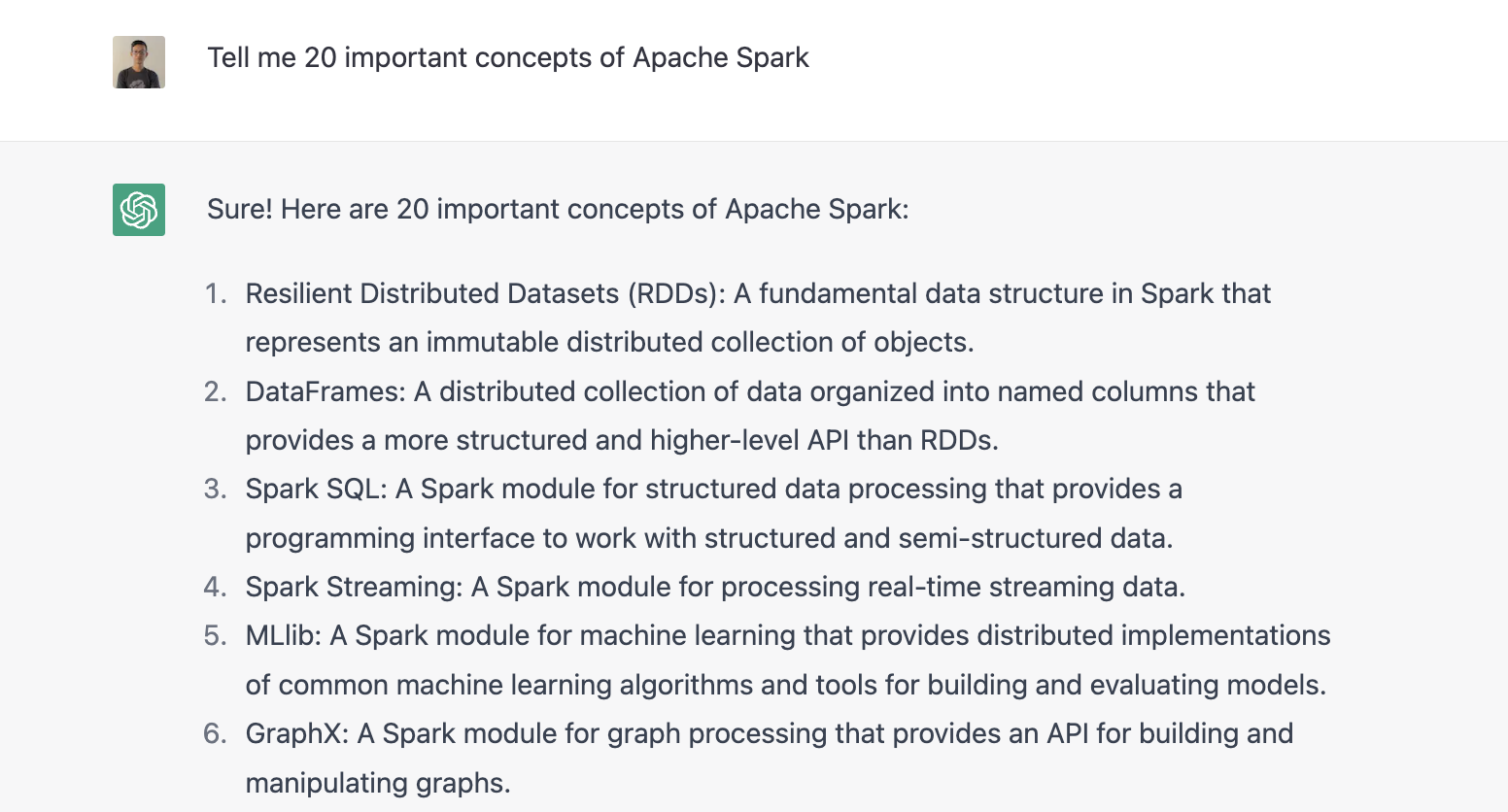 Ask ChatGPT about 20 important concepts of Apache Spark